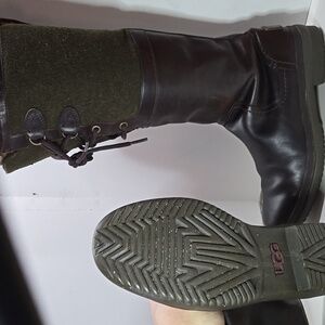 Waterproof UGG Elsa Boots- Dark Brown Leather and Olive Wool Boots, Size 8